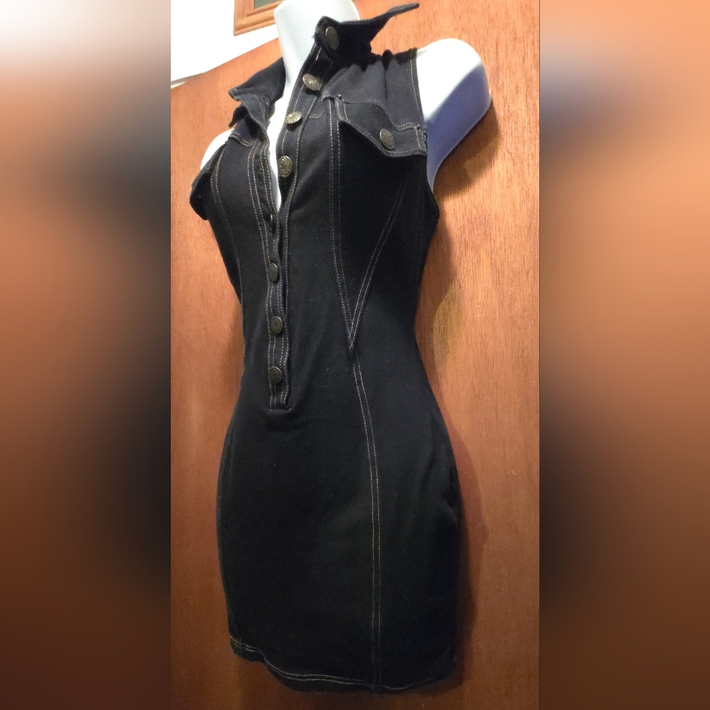 Peep Vintage Denim Look Chic Black Button-Up Stretch Dress SzS - Picture 4 of 10